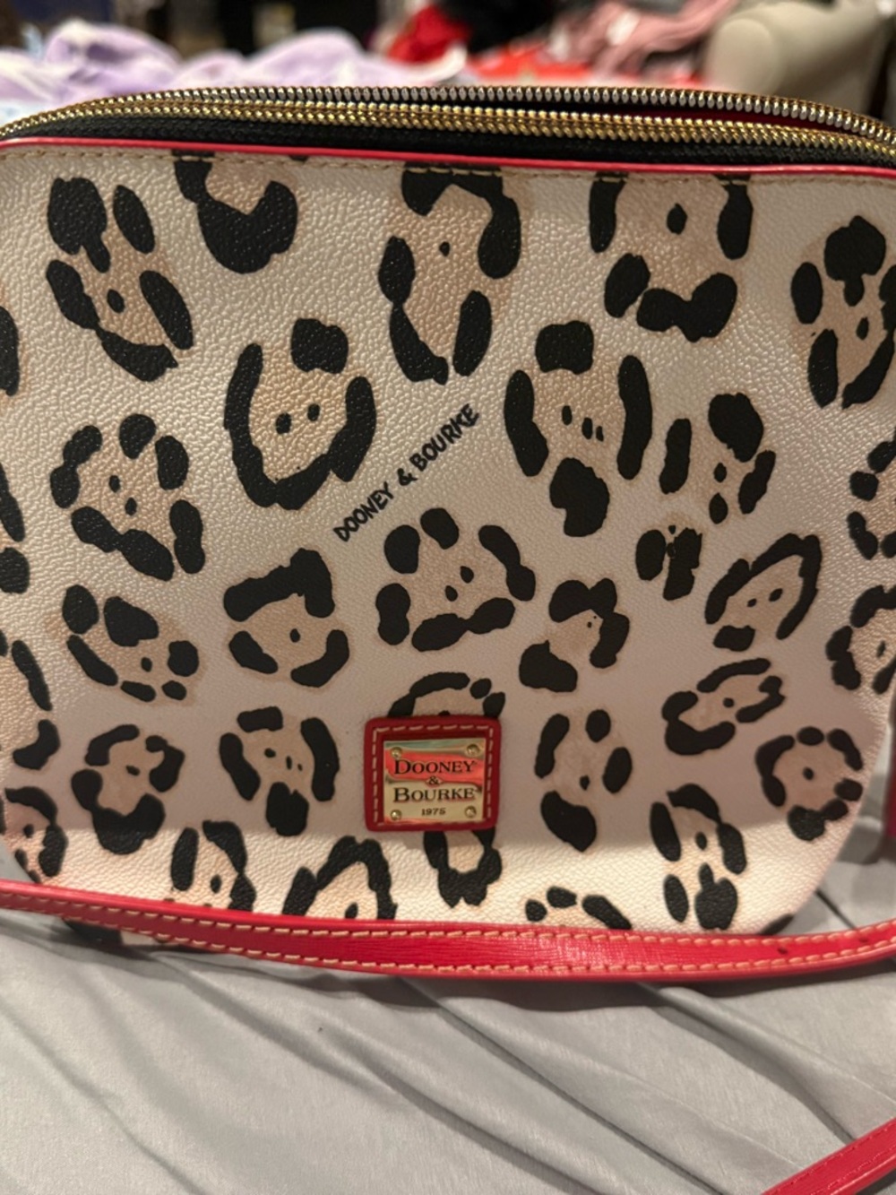 Dooney & Bourke Cream Leopard Crossbody with Red Trim